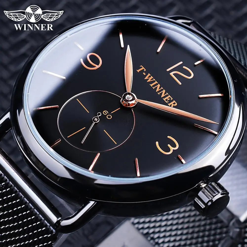 Top Trends: Winner Black Mens Mechanical Watches Simple Slim Thin Hand Wind Analog Stainless Steel Mesh Band Wristwatches Clock Watch Montre Shoppable Styles