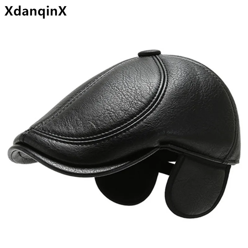 Top Trends: XdanqinX Winter Faux Leather Hat Men Warm Berets Thick Earmuffs Hat Middle-aged Men's PU Leather Cap Adjustable Size Tongue Caps Shoppable Styles