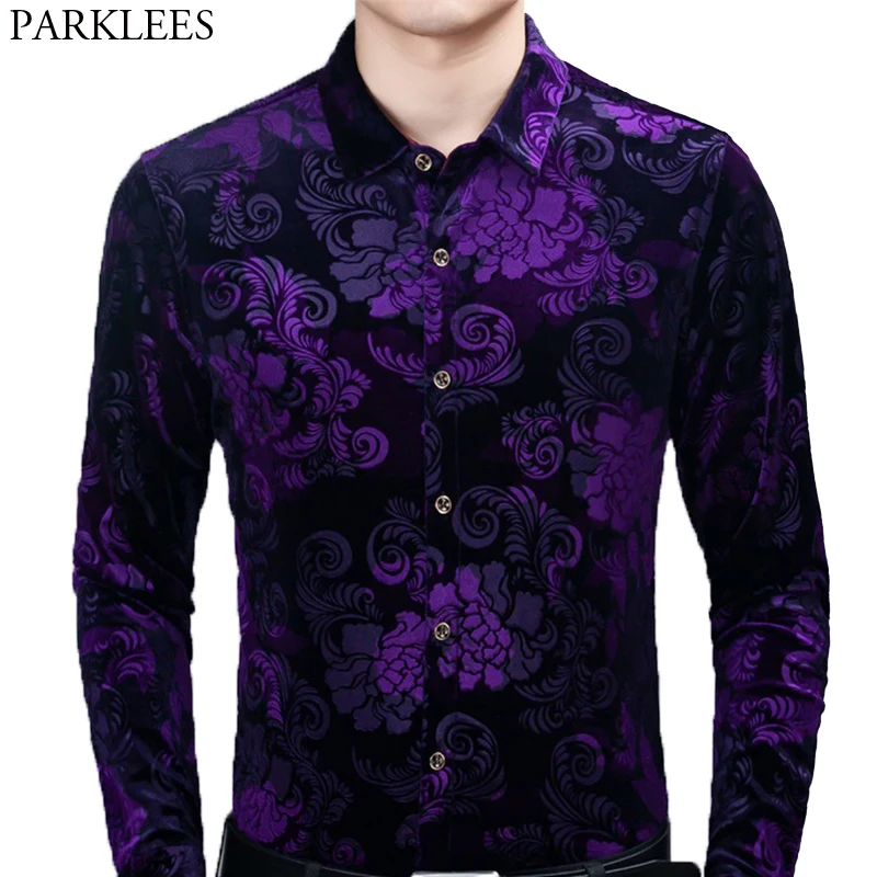 Top Trends: Stylish Purple Floral Dress Shirt Men 2020 Brand New Slim Fit Velvet Velour Shirts Mens Casual Long Sleeve Button Down Chemise Shoppable Styles