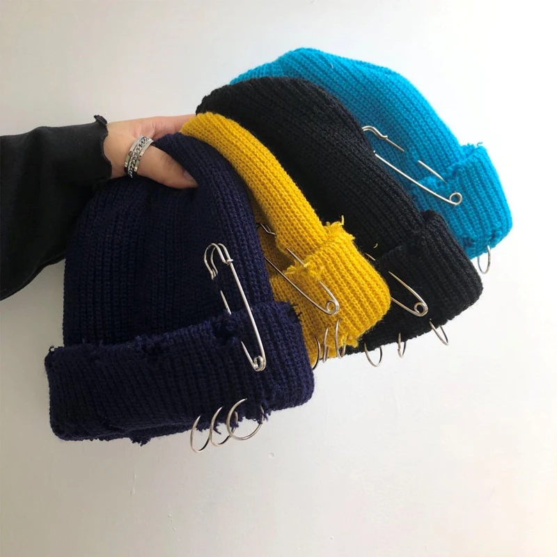 Top Trends: Winter Punk Harajuku Hole Skullies Women Warm Fashion Knitted Hat Autumn Hip Hop Beanies Unisex Basic Cap PJ388 Shoppable Styles