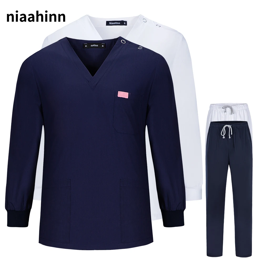 Top Trends: Unisex Scrub Set V-neck Top+ pants Uniform Long Sleeved Doctor Clothes Overalls Pet Grooming Nursing Uniform Surgical Workwear Shoppable Styles