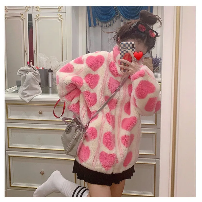 Top Trends: Pink Heart Teddy Faux Fur Jackets Women Outerwear Female Overcoat Winter Coats Japanese Korean Fashion Kawaii Lambswool Coats Shoppable Styles