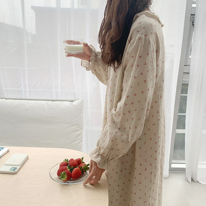 Top Trends: Ruffles Sleep Dress Women Long Sleeve Kawaii Cherry Print Korean Sleepwear Homewear Long Dress Autumn Elegant Casual Loose A001 Shoppable Styles - Image 5