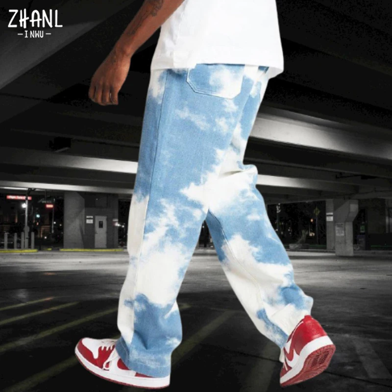 Top Trends: Dropshipping 2021 New Men Casual Loose Straight Denim Pants Tie Dye Print Sky Blue Long Trouser Straight Jeans Shoppable Styles