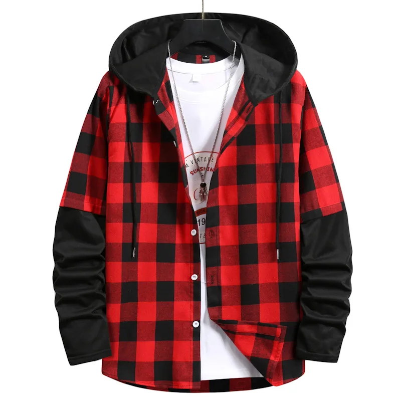 Top Trends: LUCLESAM Men Plaid Splicing Hoodie Mens Fashion Streetwear Classic Flannel Long Sleeve Hooded Shirts Sudaderas Hombre Shoppable Styles