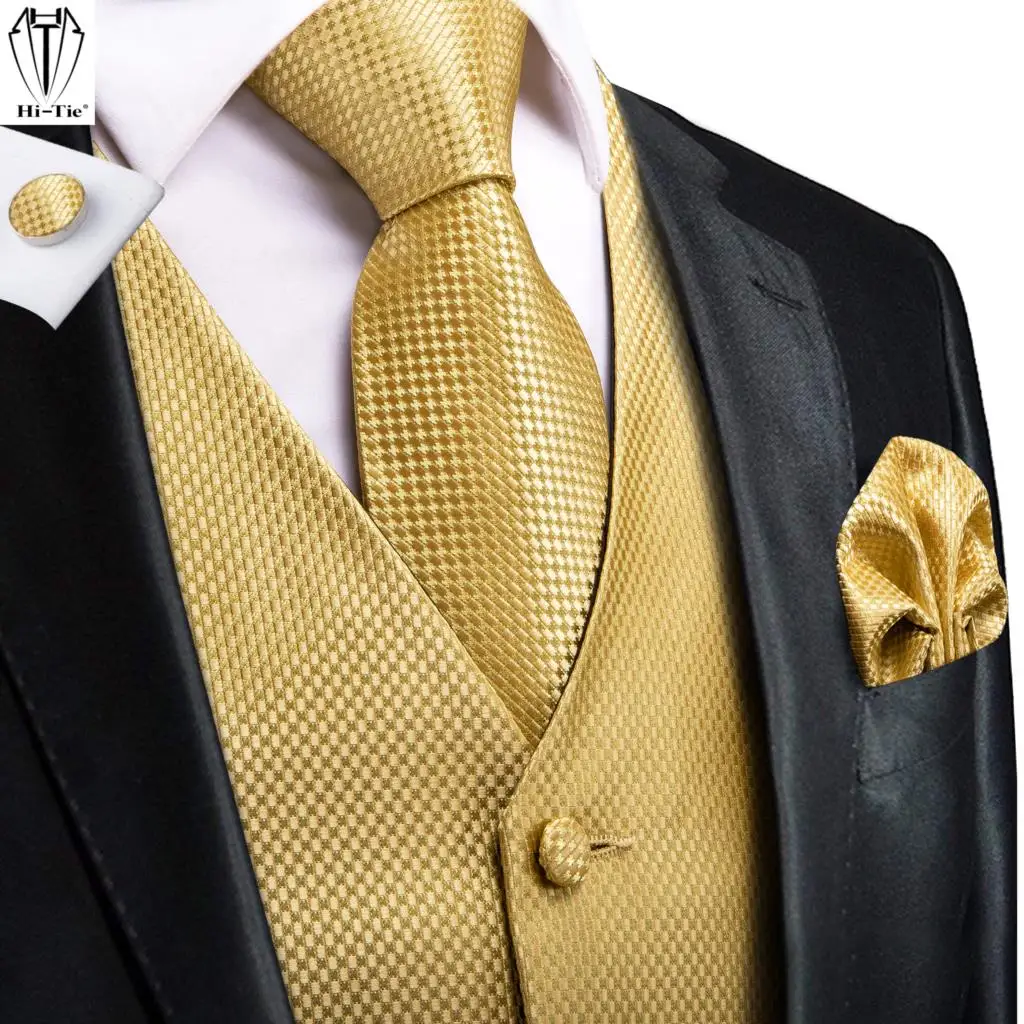 Top Trends: Hi-Tie Jacquard Silk Mens Suit Vests Gold Solid Plain 4PC Waistcoat Tie Hanky Cufflinks Set Business Wedding Dress Waist Jacket Shoppable Styles