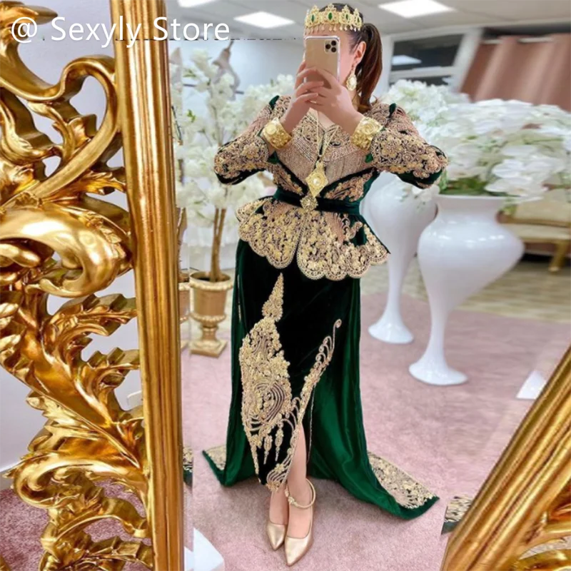 Top Trends: Luxury Karakou Algerian Evening Dress 2023 With Beaded Long Sleeve Velvet Muslim Prom Gown Arabic Turish Formal Robe De Mariée Shoppable Styles