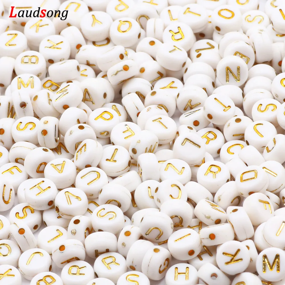 Top Trends: 7mm White Gold Color Mix Letter Acrylic Beads Round Flat Alphabet Loose Beads For Jewelry Making Handmade Diy Bracelet Necklace Shoppable Styles