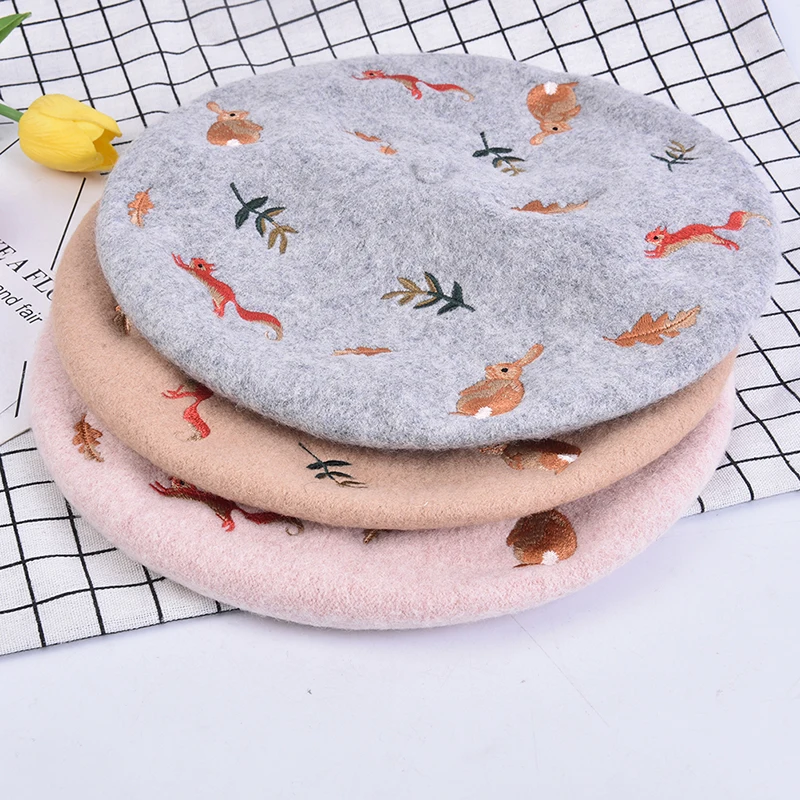 Top Trends: Autumn And Winter New Rabbit Squirrel Leaves Embroidered Wool Beret Artist Hat Wool Hat Shoppable Styles