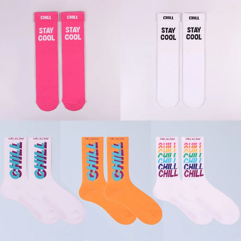 Top Trends: 3 Pairs STAY COOL CHILL Letters Hip Hop Harajuku Pink Men&#039;s Socks Skateboard Orange Cotton Colorful Letter Long Women SOCK Shoppable Styles