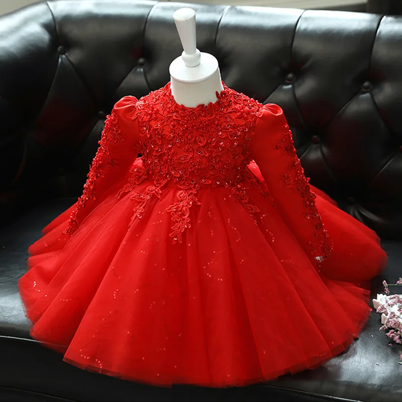 Top Trends: Red Flower Girl Dress For Wedding Long Sleeve Baby Girls Christmas Party Gown Beads Lace Infant Kid's 1st Year Birthday Baptism Shoppable Styles