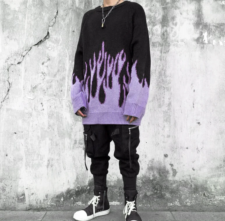 Top Trends: Sweater Men Harajuku Flame Hip Hop Streetwear Men Clothing Spandex Pullover O-neck Oversize Fashion Casual Couple Male Sweaters Shoppable Styles - Image 3