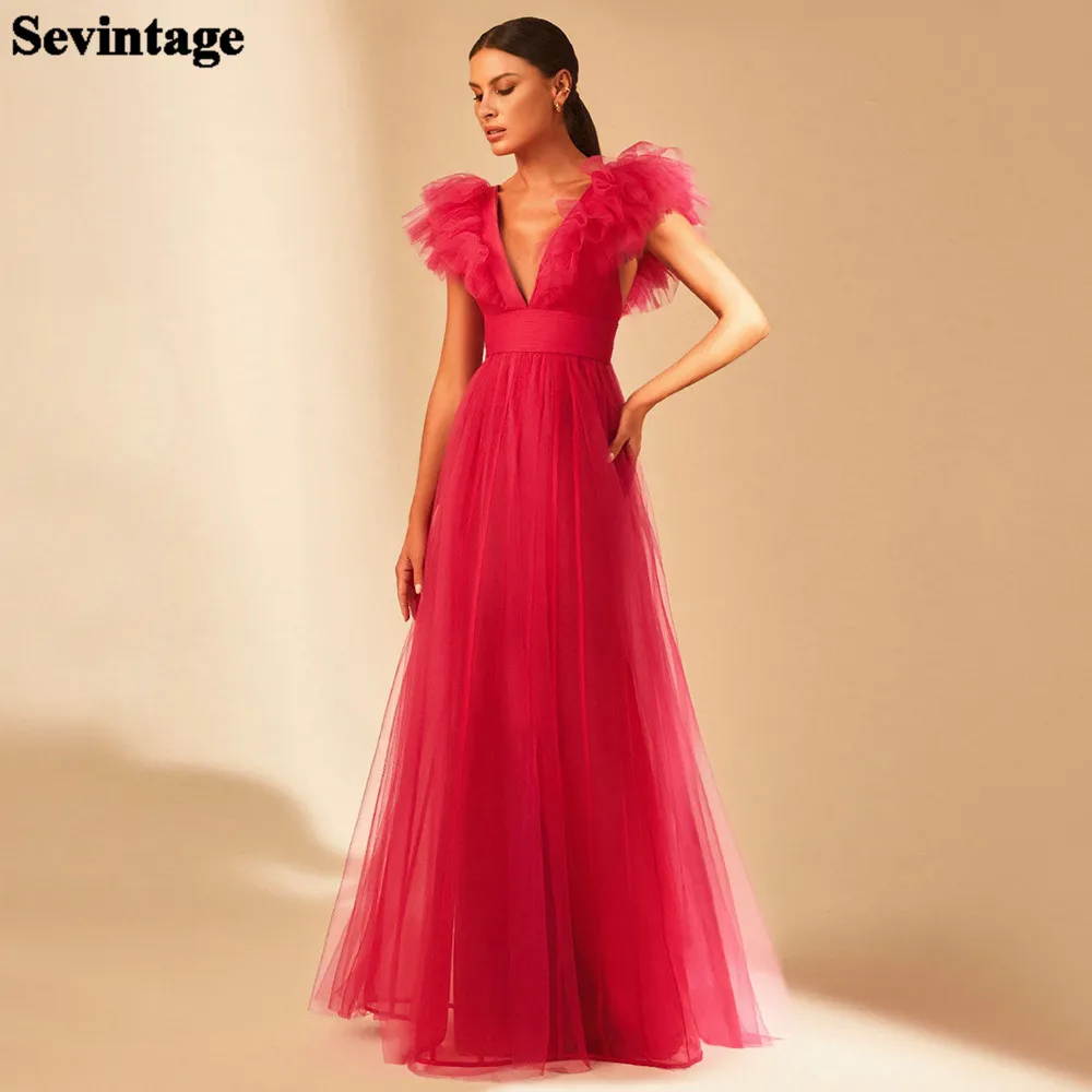 Top Trends: Sevintage Simple Ruffles Tulle Prom Dresses 2022 Cap Sleeves V-neck Formal Prom Party Gowns Backless Long Women's Evening Dress Shoppable Styles