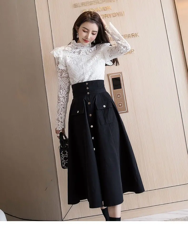 Top Trends: Vintage Black Single Breasted High Waist A Line Long Skirt For Women Summer Autumn Streetwear Ladies Chic Slim Waist Midi Skirt Shoppable Styles