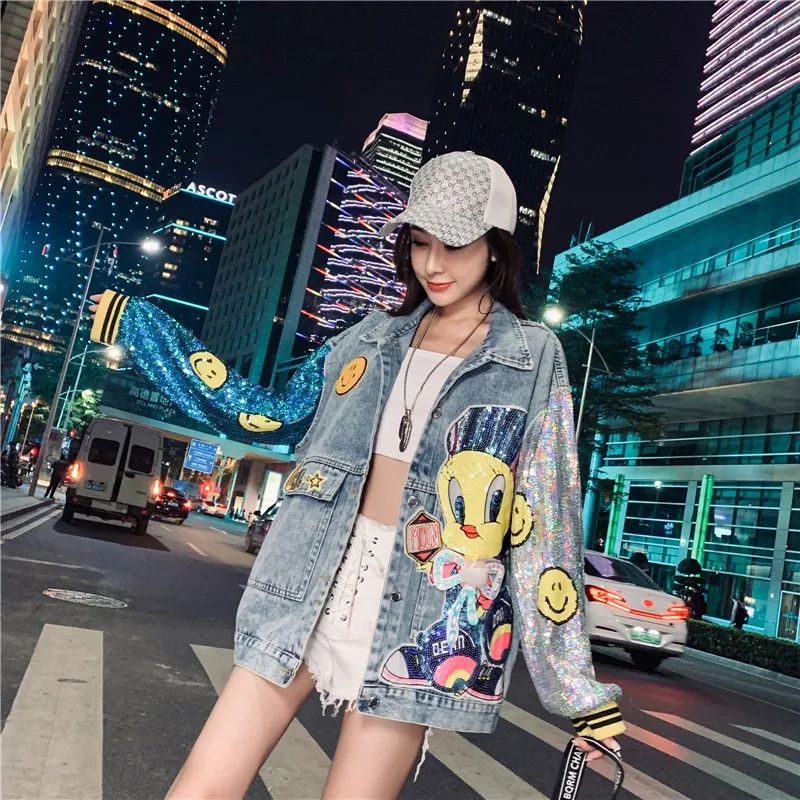 Top Trends: Fashion Oversize Denim Jackets Women Cartoon Sequin Stitching Embroidery Streetwear Hip Hop Vintage Outerwear Джинсовая куртка Shoppable Styles