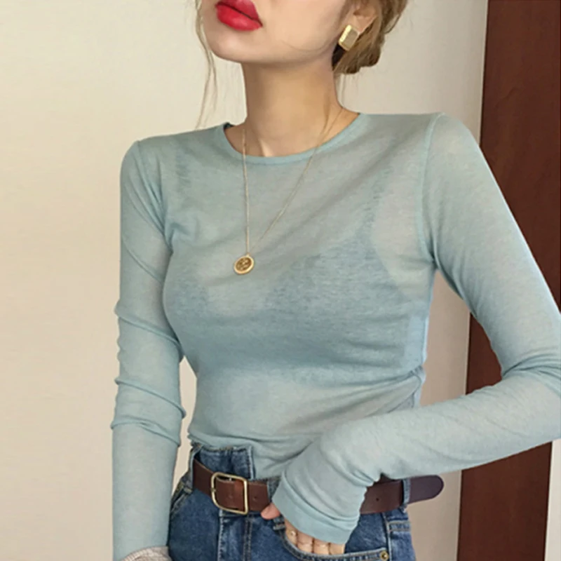 Top Trends: Sexy Slim High Quality Plain T Shirt Women Tops Spring Summer Club Party See-through Transparent Long Sleeve Tee Shirt Female Shoppable Styles