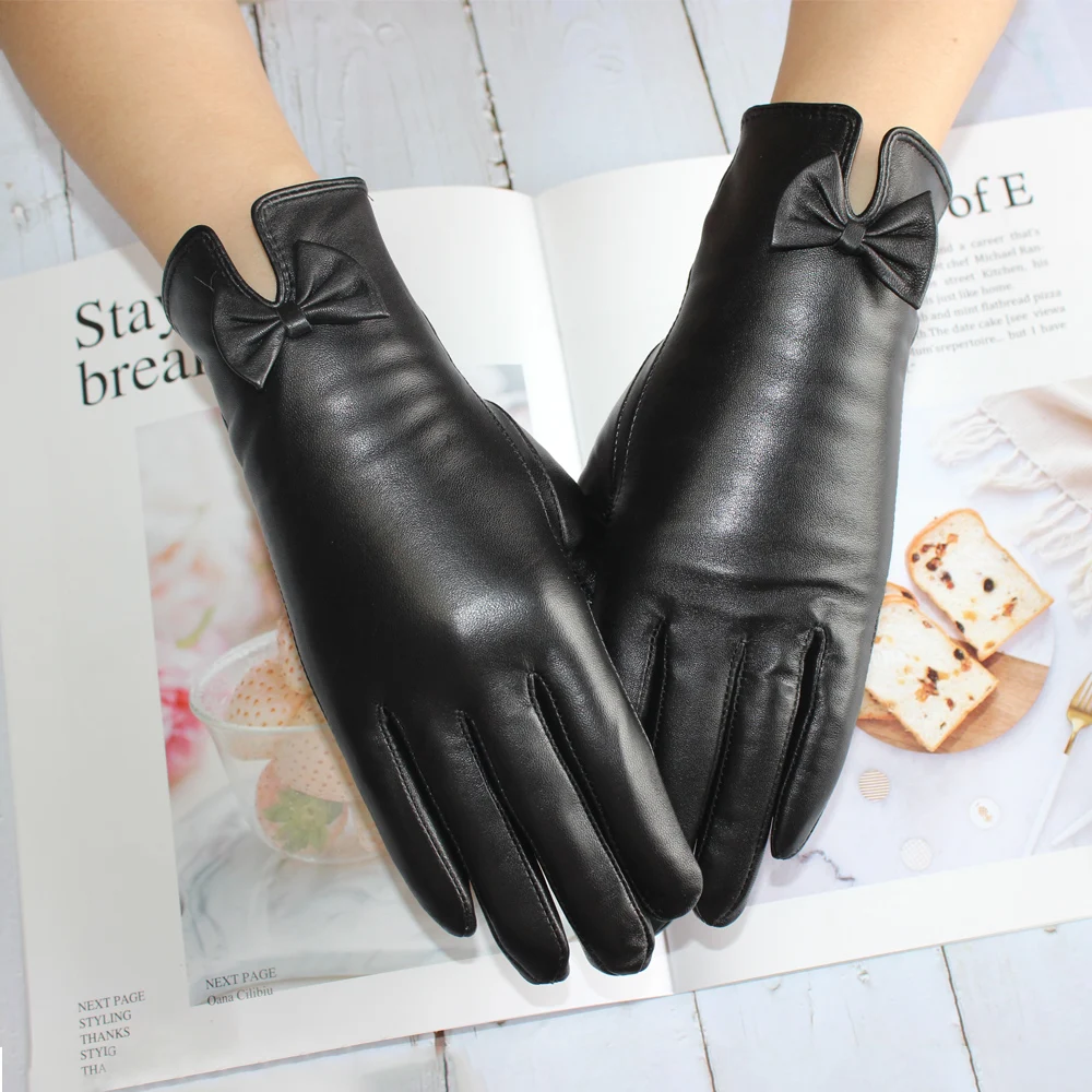 Top Trends: New Fashion Women Genuine Leather Sheepskin Bow Decoration Velvet Lining Keep Warm In Winter Black Gloves Shoppable Styles