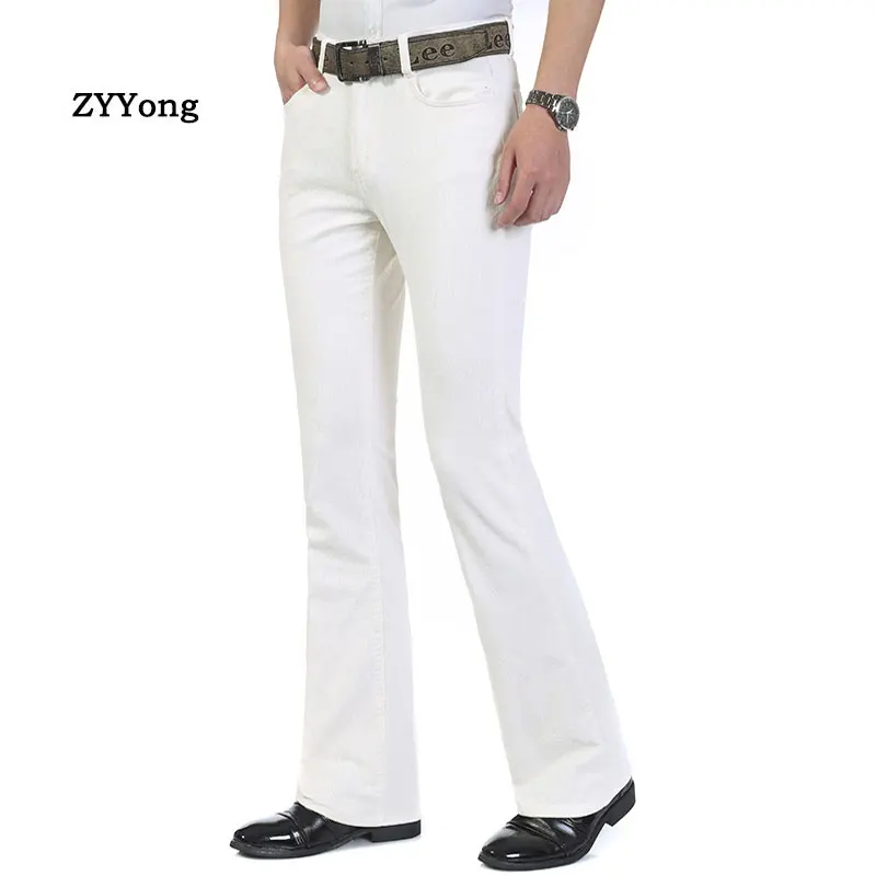 Top Trends: Business Casual Men's Jeans Trousers Mid Waist Elastic Slim White Boot Cut Semi-Flared Bell Bottom Denim Pants Shoppable Styles