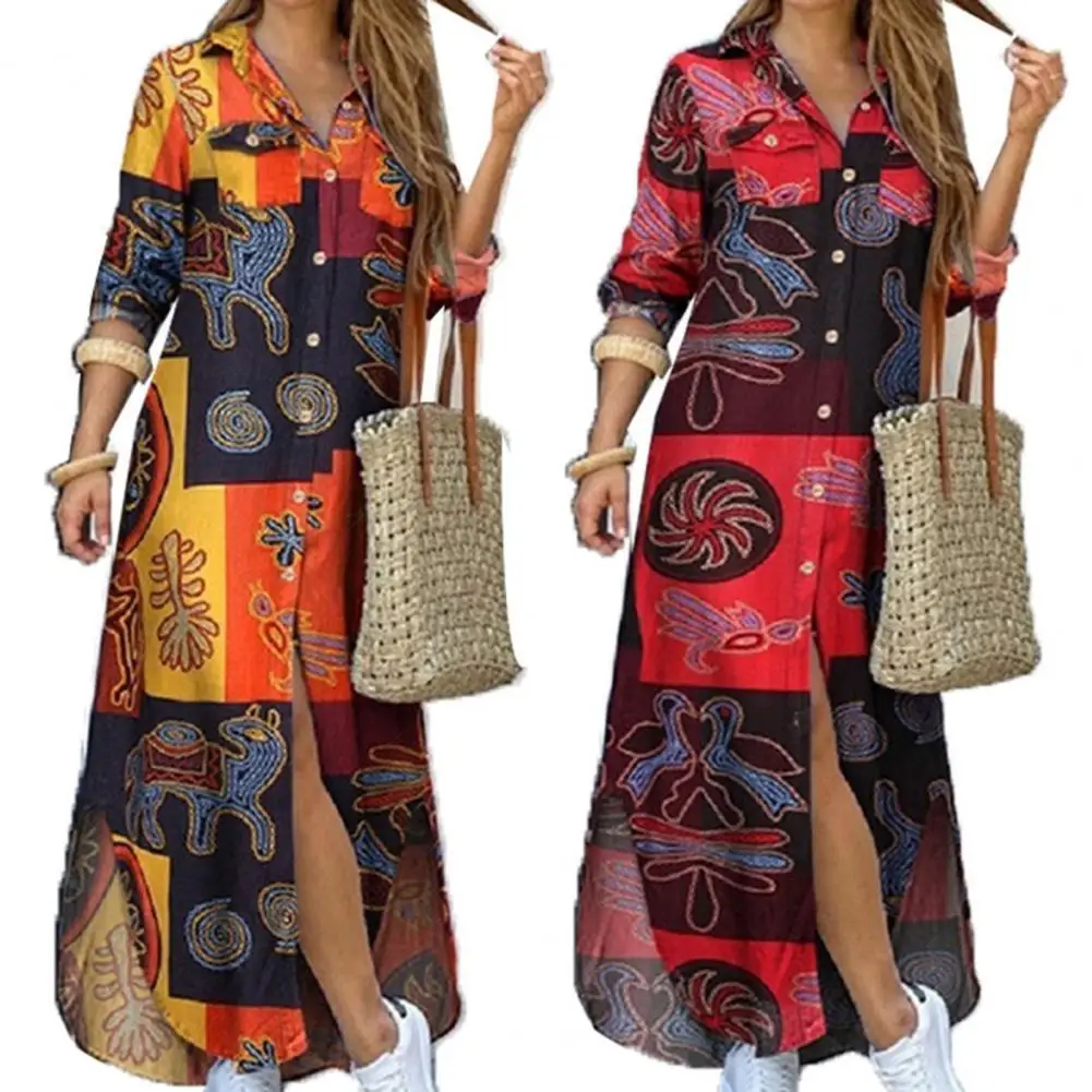 Top Trends: Fashion Women Long Sleeve Shirt Dress Single-breasted Printed Loose Maxi Shirt Dress For Party Long Dress Vestidos Summer Autumn Shoppable Styles