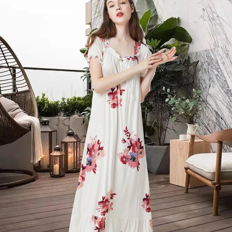 Top Trends: Summer Womens Nightgown Floral Cotton Short Sleeve Vintage Nightdress Lace Long Sleepwear Sexy Home Night Dress Nightwear Women Shoppable Styles