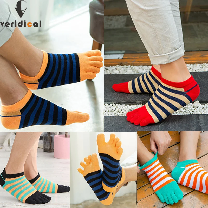 Top Trends: Combed Cotton Ankle 5 Finger Socks Men Boy Striped Colorful Casual Sweat-Absorbing Breathable Boat No Show Toes Socks 4 Seasons Shoppable Styles