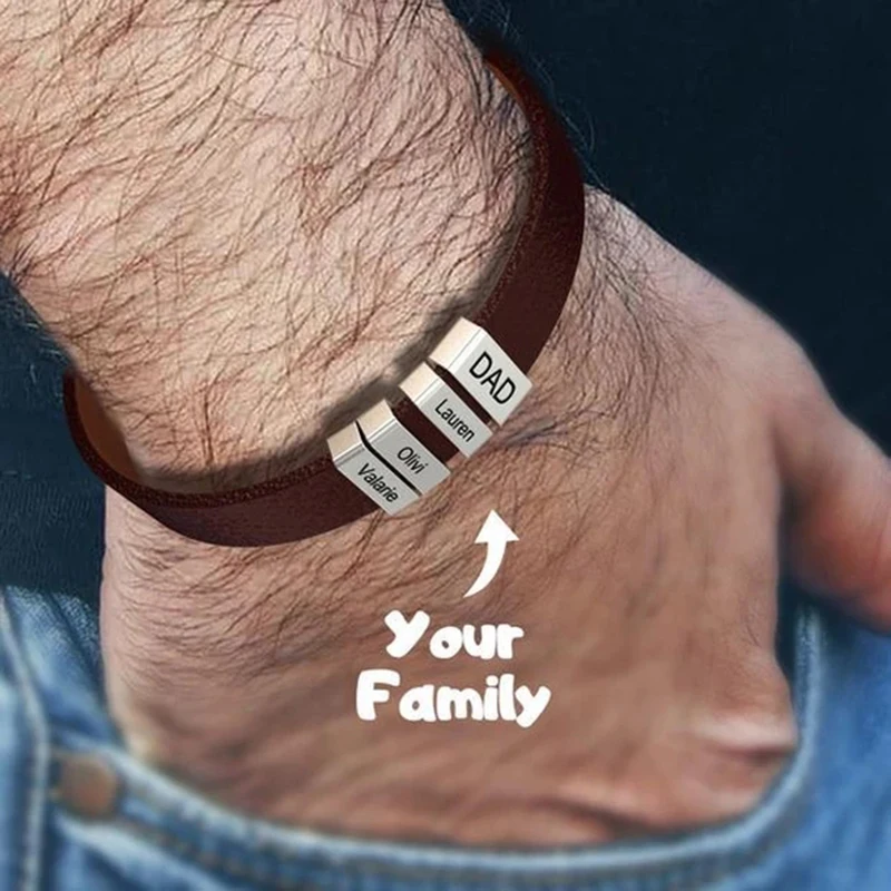 Top Trends: PolishedPlus Customized Leather Bracelet For Men Stainless Steel Engrave Family Name Id Tag For Dad Father&#039;s Day Gift Shoppable Styles