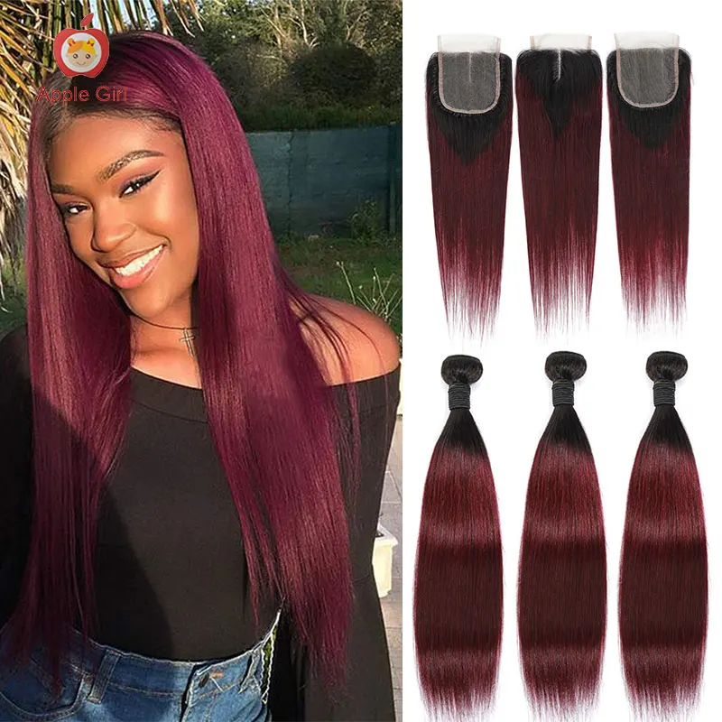 Top Trends: T1B / 99J Red Color Brazilian Burgundy Straight Hair Bundles With Closure Applegirl Remy Human Hair 2 / 3 / 4 Ombre Bundles & Closure Shoppable Styles