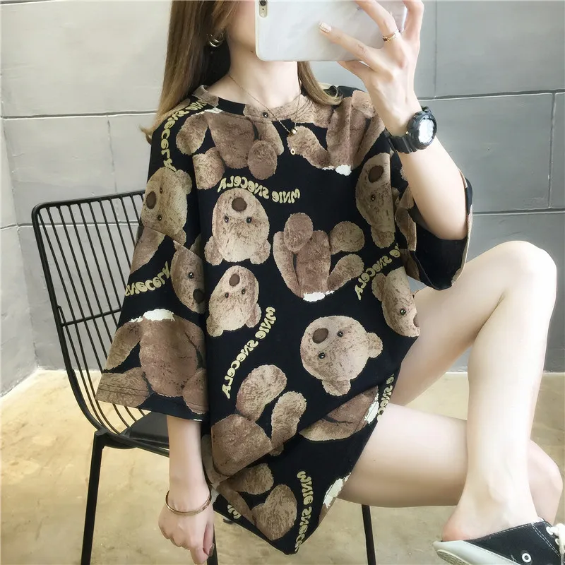 Top Trends: Summer Harajuku Women T-shirt Half Sleeves Cartoon Bear Loose Tops Tide High Street Cotton Tshirt Large Size Tees NS4523 Shoppable Styles