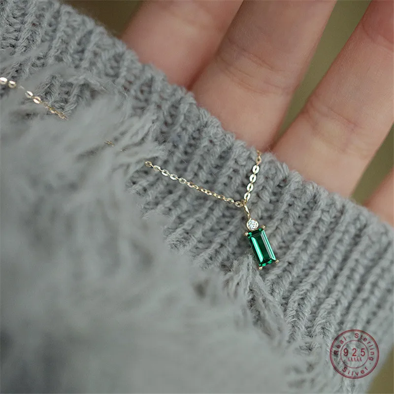 Top Trends: 925 Sterling Silver European Simple Square Green Crystal Pendant Clavicle Chain Necklace Women Classic Plating 14k Gold Jewelry Shoppable Styles