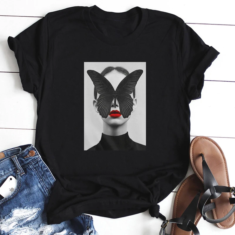 Top Trends: Tops Tshirt Modernist Sexy Lady Feather Butterfly T-shirt Women Plus Size Top Tees Clothes Korean Style Aesthetic Short Sleeve Shoppable Styles