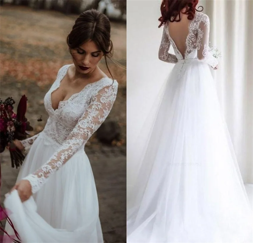 Top Trends: 2020 A-line Long Sleeves Wedding Dresses Lace Tulle Backless Bridal Gowns Boho Vestidos De Novia Sexy V-neck Custom Made Shoppable Styles