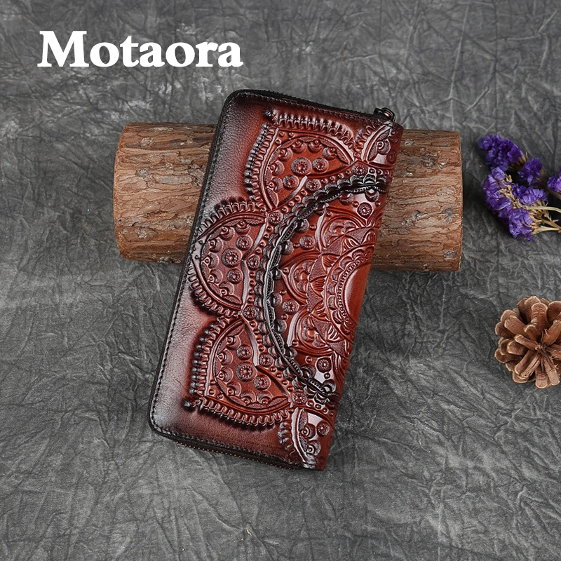 Top Trends: MOTAORA Retro Girl's Wallet Long Hand Bag Women's Leather Handmade Embossed Floral Phone Purse Chinses Style Ladies Card Holder Shoppable Styles