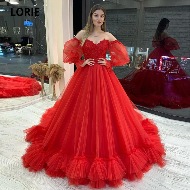 Top Trends: LORIE Vintage Beach Prom Dresses 2022 Red Sweetheart Appliques Puff Sleeves A-Line Arabic Evening Gown Tulle Long Party Dress Shoppable Styles