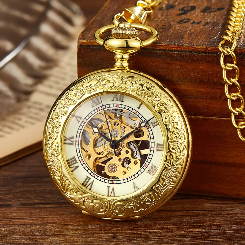 Top Trends: Vintage Gold Bronze Mechanical Pocket Watch Hand Winding Skeleton Roman Numerals Dial Fob Chain Clock For Men Dropshipping Shoppable Styles