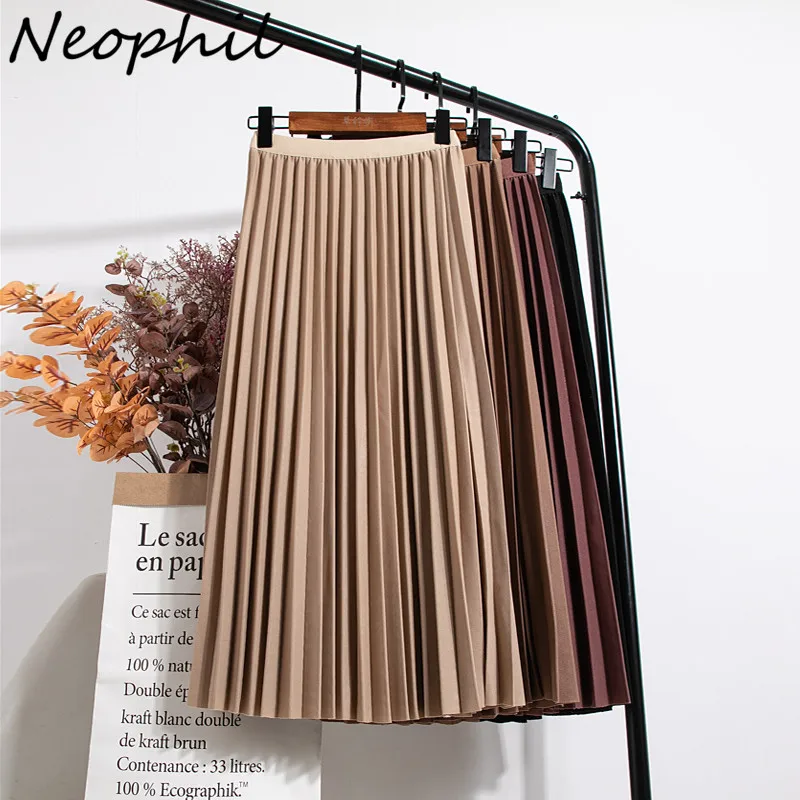 Top Trends: Neophil 2023 Summer Ladies Pleated Midi Skirt High Waist Vintage Solid Casual Mid-calf Elastic Black Gray Women Longa Saia S92D2 Shoppable Styles