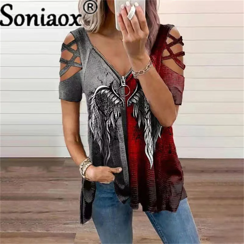 Top Trends: 2021 Autumn New Angel Wing Print Short Sleeve Tops Vintage V Neck Zipper Pullover Shirt Casual Loose Women's T-Shirt Shoppable Styles