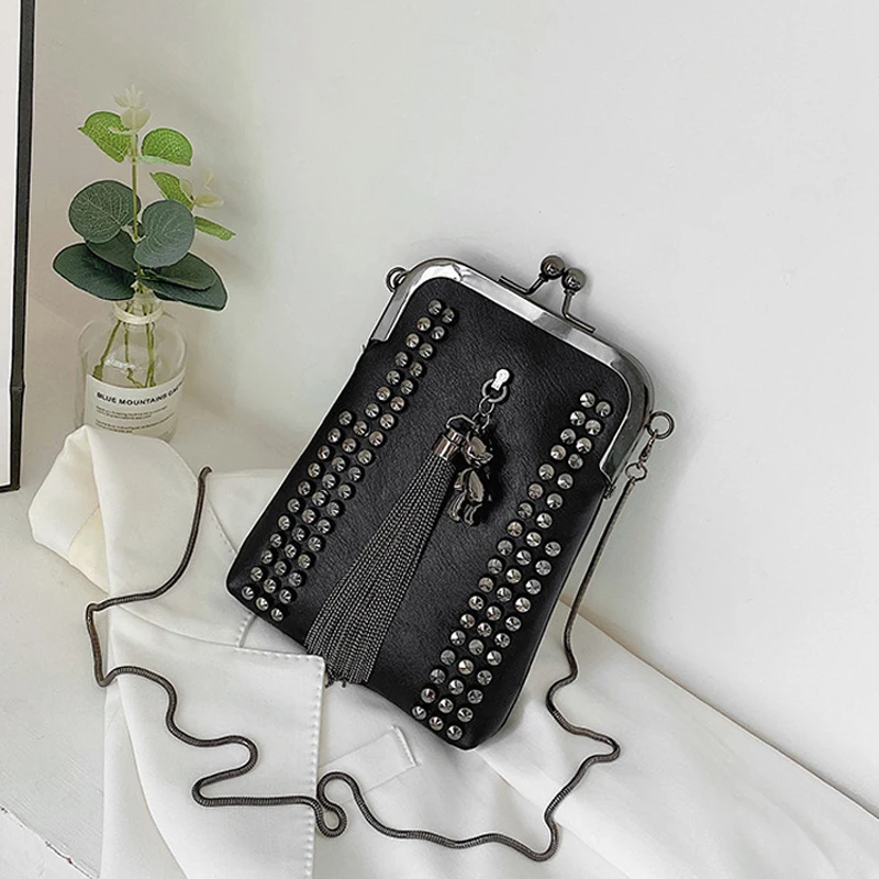 Top Trends: Rivet Fringe Fashion Vintage Punk Designer Bags PU Leather 2021 Chain Women Shoulder Crossbody Bags Women's Handbags Phone Purse Shoppable Styles