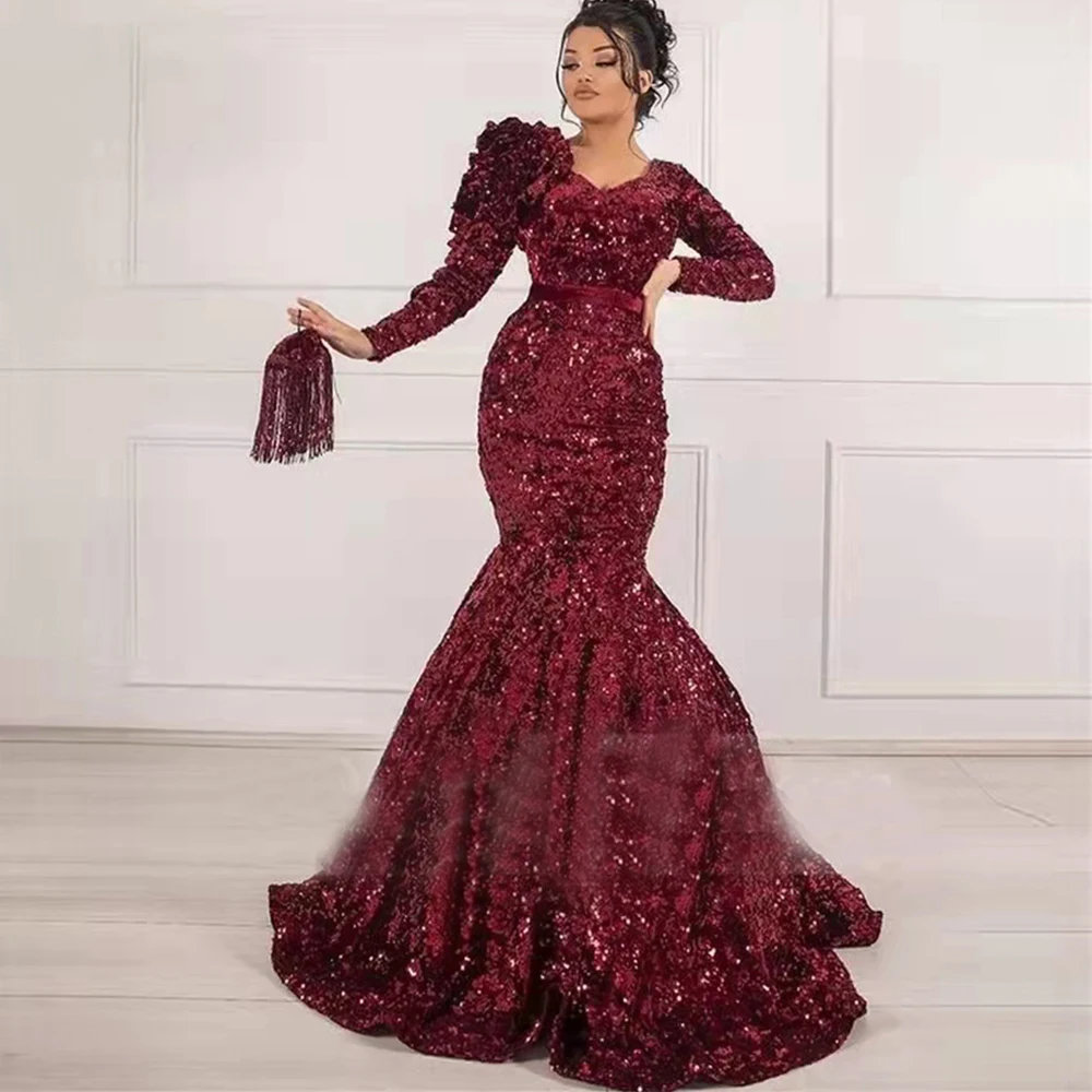 Top Trends: Arabic Dubai Burgundy Sequins Mermaid Evening Dress V Neck Full Sleeves Prom Gown Middle East Robes De Soirée فساتين السهرة плат Shoppable Styles