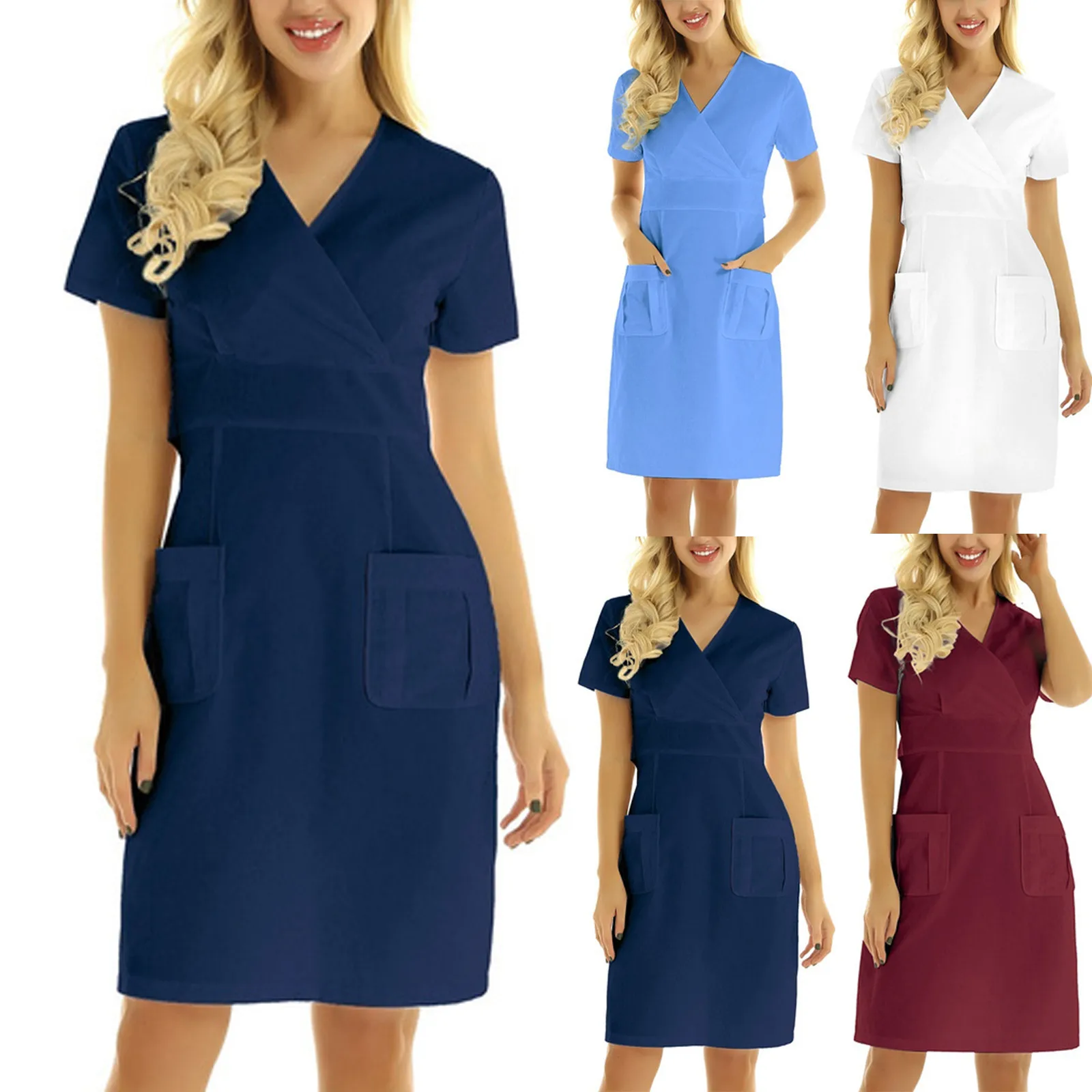 Top Trends: Nurse Working Uniforms Dress Women Short Sleeve Solid Working Uniform Pocket Slim Summer 2022 Medical Nursing Uniforms Female Shoppable Styles