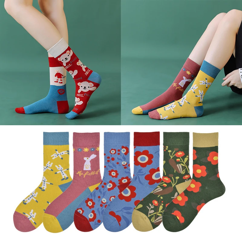 Top Trends: Trendy Socks Ab Paragraph Pure Cotton High Tube Socks Creative Cartoon Small Flowers New Autumn And Winter Stockings Female Sock Shoppable Styles