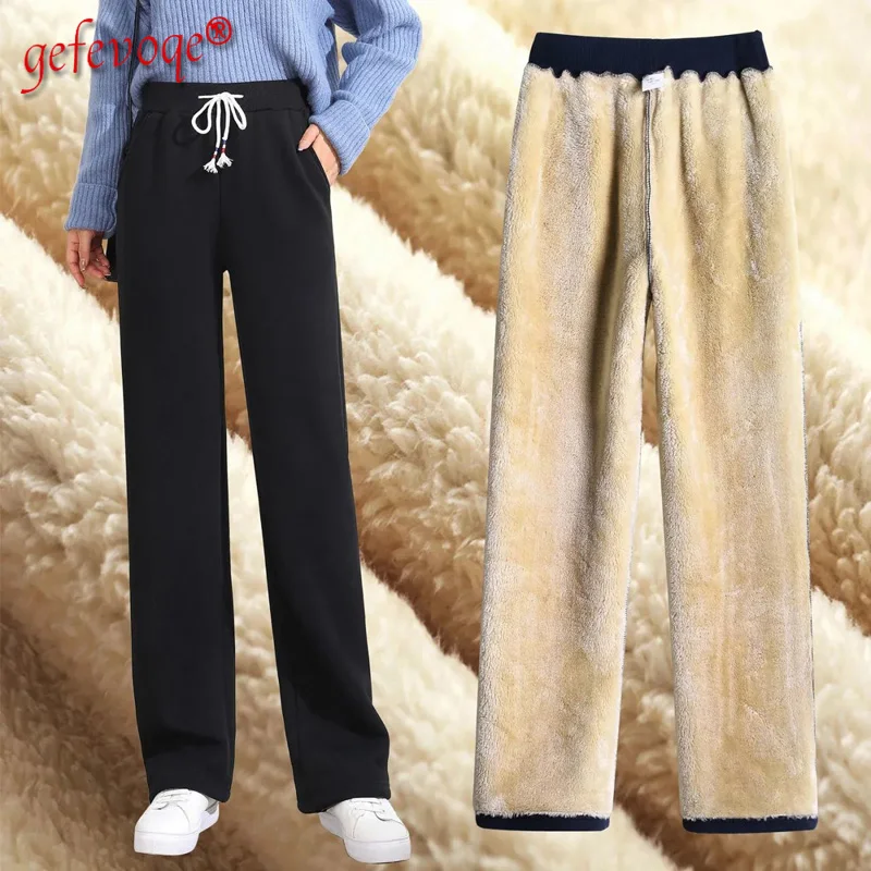 Top Trends: 2021 Autumn Winter New Korean Fashion Plus Velvet Thickened Wide Leg Pants Women&#039;s High Waist Straight Warm Loose Trousers 3XL Shoppable Styles