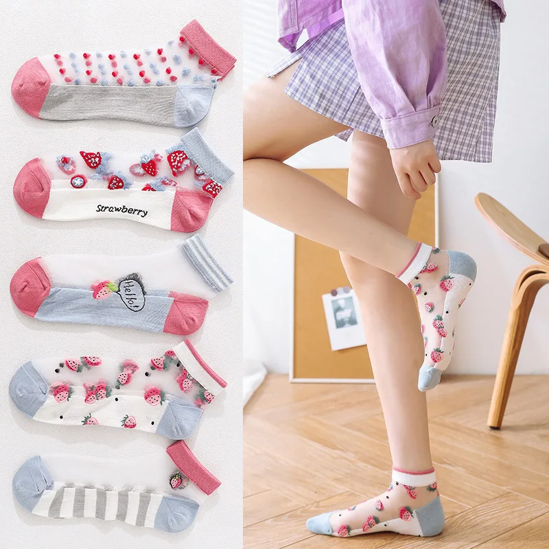 Top Trends: 5 Pairs / Set Women Girls Summer Fruit Cartoon Short Stockings Cotton Bottom Crystal Silk Transparent Elastic Fashion Lace Socks Shoppable Styles