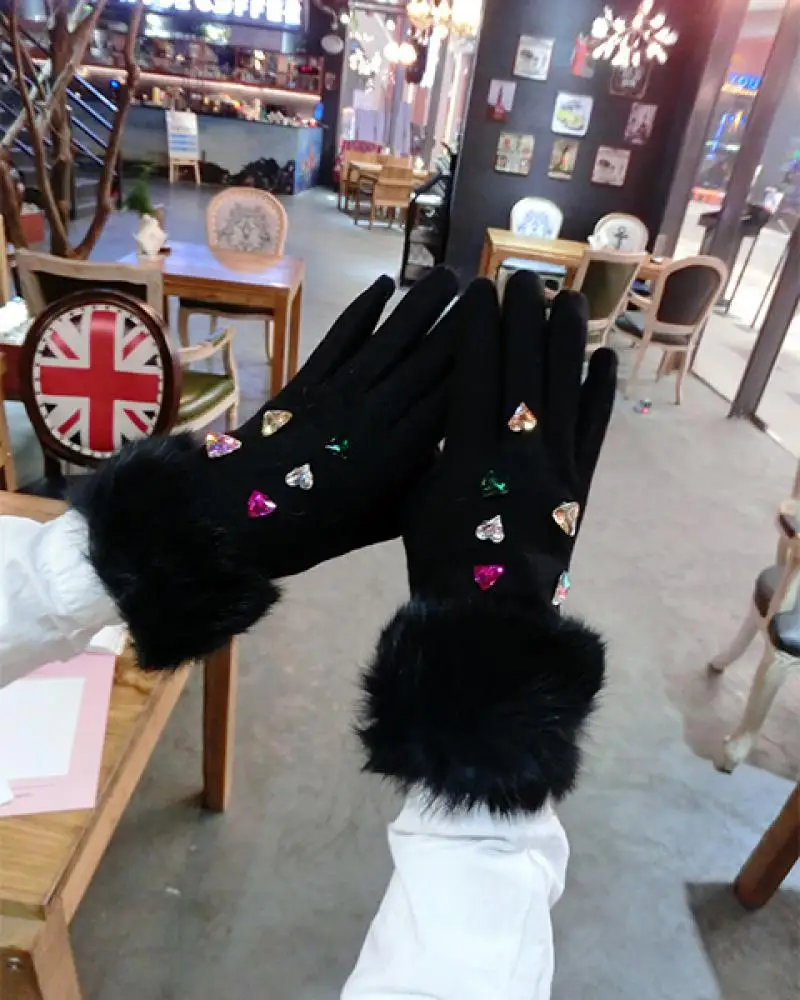 Top Trends: Rabbit Fur Mouth Love Color Rhinestone Cashmere Gloves Korean Version Rhinestone Color Thickened Warmth Finger Gloves Women Shoppable Styles