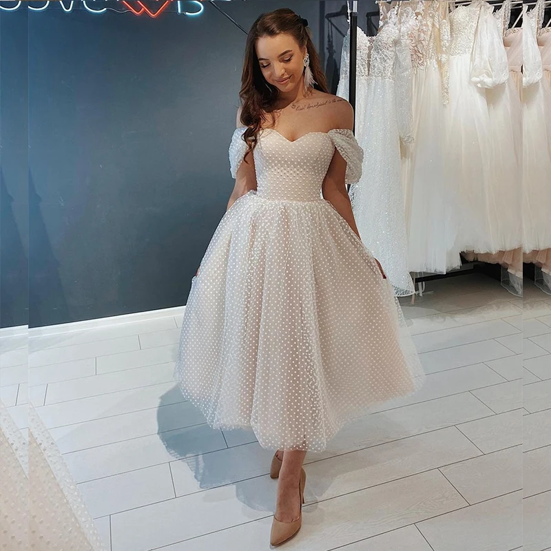 Top Trends: LSYX Short Wedding Dress 2023 Off Shoulder Ankle Length Point Tulle Bridal Gown Gorgeous Brides Tulle Robe De Mariee Graceful Shoppable Styles