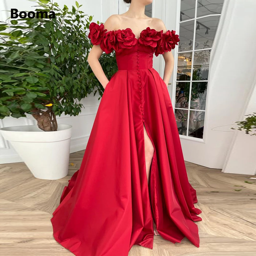 Top Trends: Booma Red Taffeta Prom Dresses Off Shoulder Handmade Flowers Slit A-Line Evening Gowns Buttoned Long Formal Party Dresses Shoppable Styles