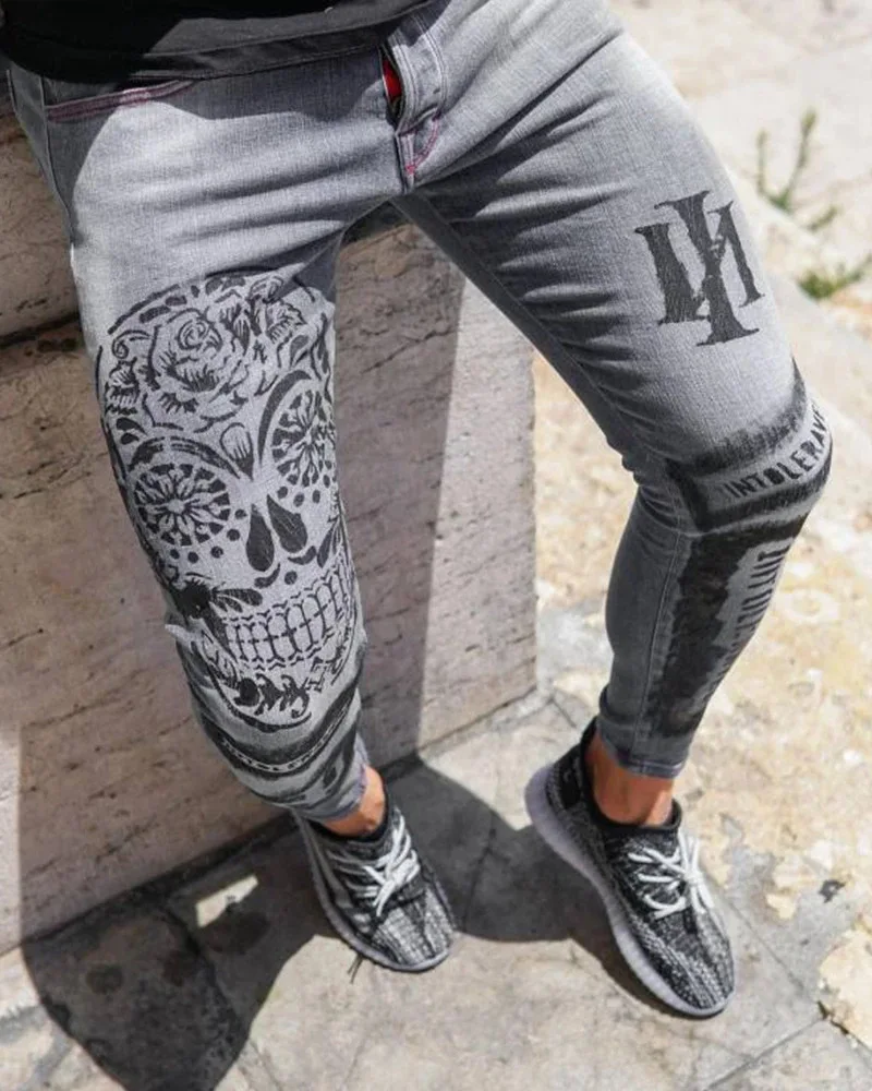 Top Trends: Men Sexy Skinny Stretch Jeans High Quality Street Fashion Printing Wash Gray Denim Pencil Pants Causal Jogging Men's Trousers Shoppable Styles