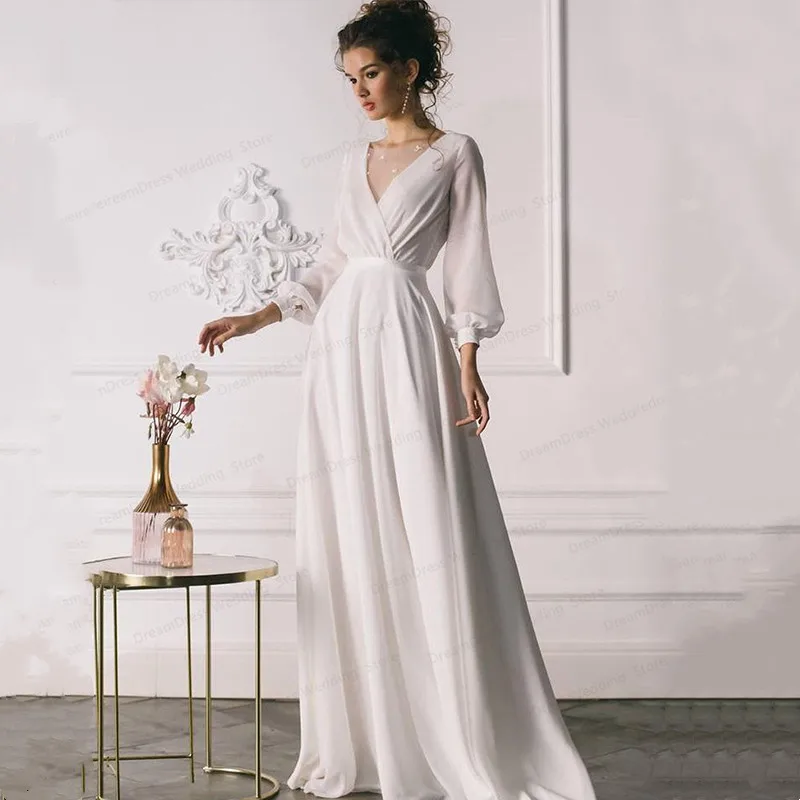 Top Trends: Simple Long Sleeves Chiffon Wedding Dress 2023 V-Neck Floor-Length For Bride Robe De Mariée Custom Made Behomia свадеьное плат Shoppable Styles