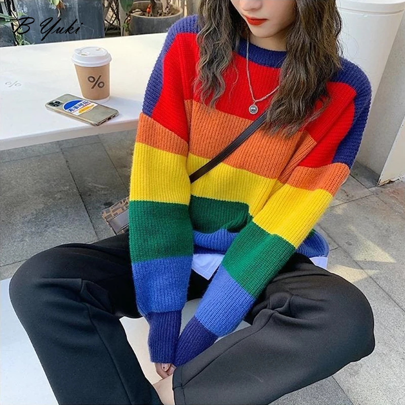 Top Trends: Blessyuki Oversized Knitted Rainbow Sweater Women Fashion Stripes Contrast Round Neck Pullover Sweater Casual Loose Cute Jumper Shoppable Styles