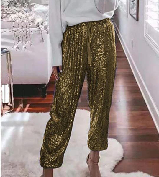 Top Trends: 2024 Sequin Shiny Wide Beam Leg Pants Women Casual Christmas Party Harem Pants High Waist Lace Up Trousers Streetwear Shoppable Styles