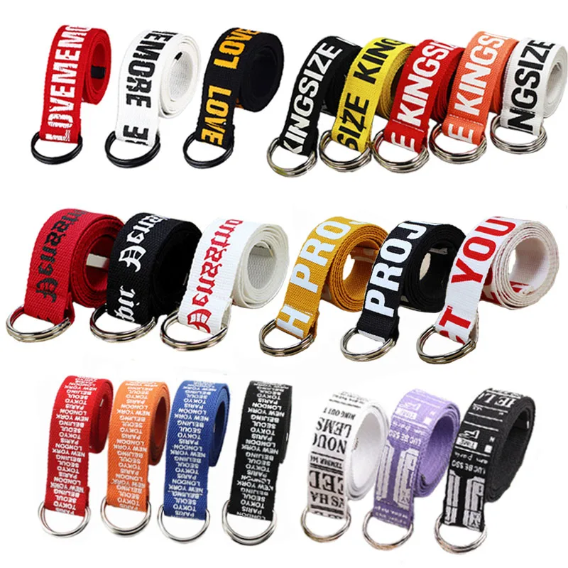 Top Trends: 24 Styles Unisex Canvas Belts Letters Printed D Ring Double Buckle Punk Waist Strap Women Men Teenager Long Wide White Belt Shoppable Styles